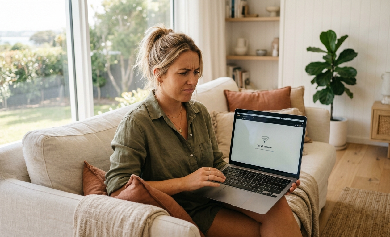 Person using laptop with weak wifi signal at home on the Sunshine Coast