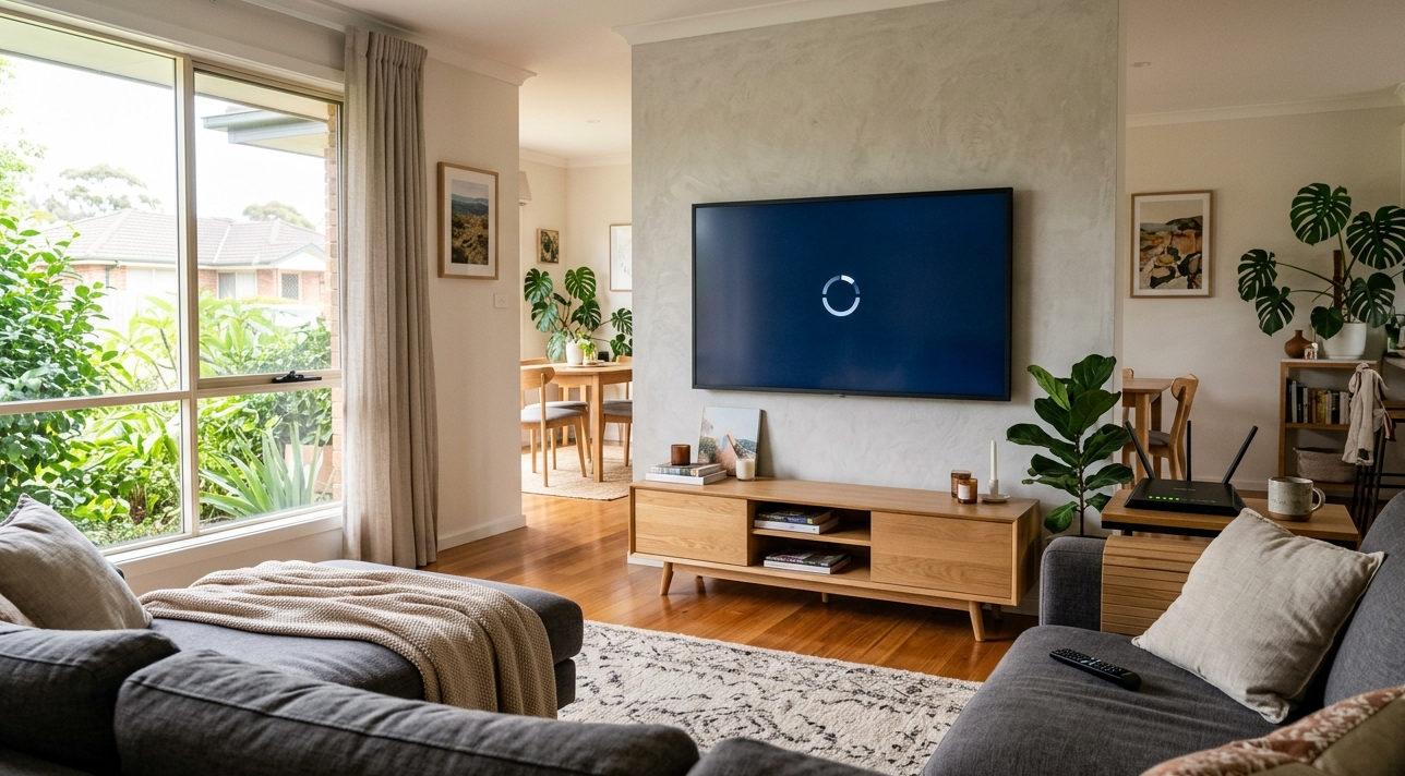 Smart TV keep buffering in Australian living room with Wi-Fi router in background