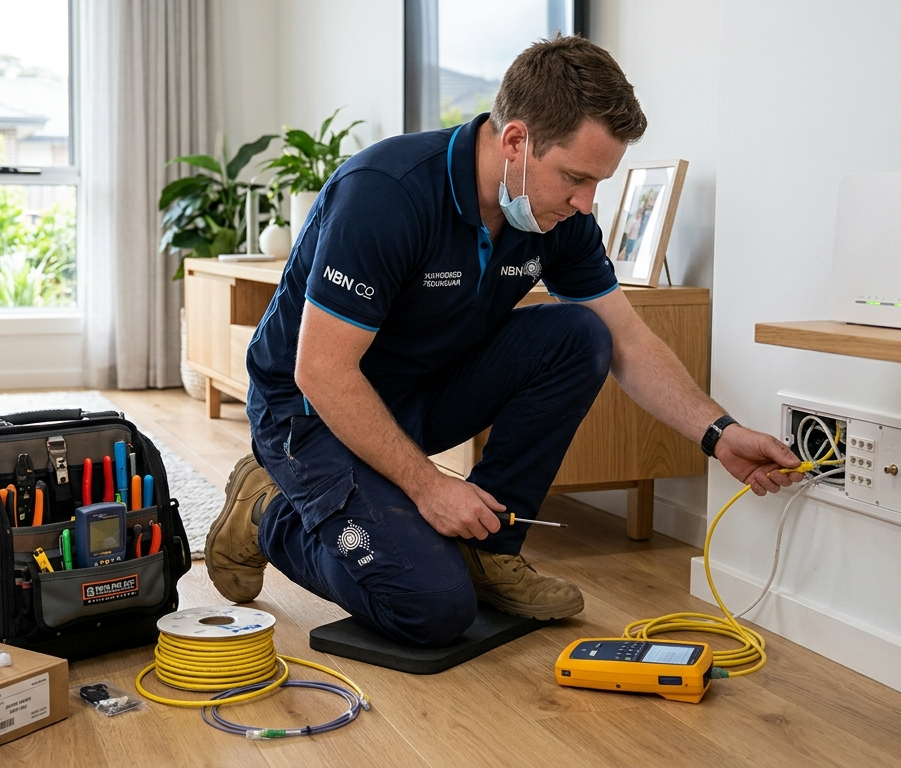 Slow internet repair technician checking cabling Sunshine Coast home