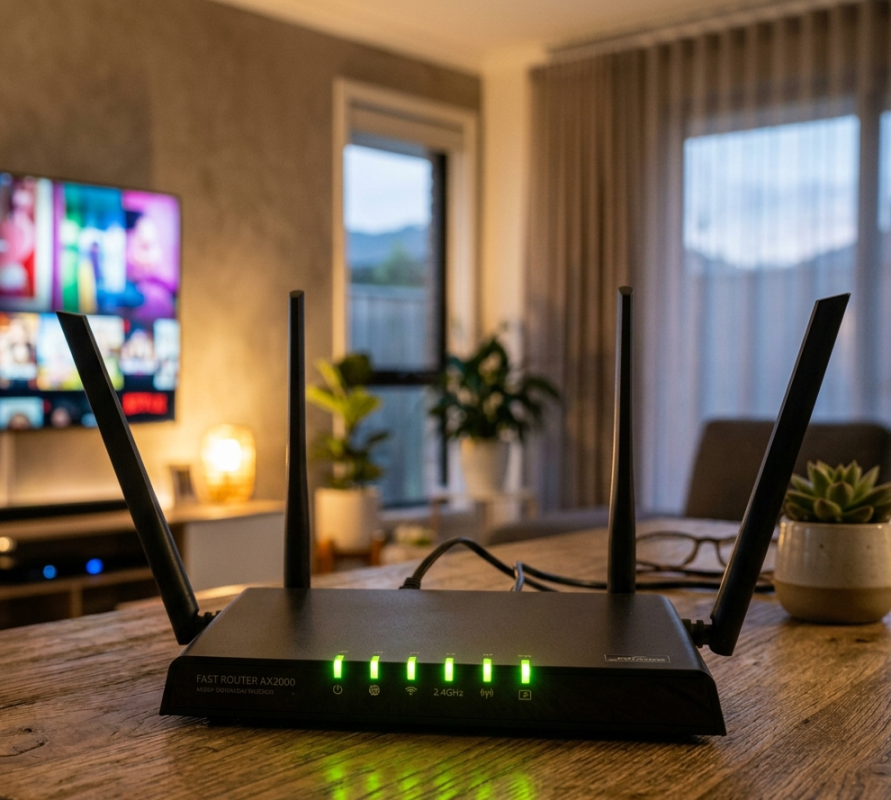 Home Wi-Fi router with signal lights on wooden table, smart TV blurred in background