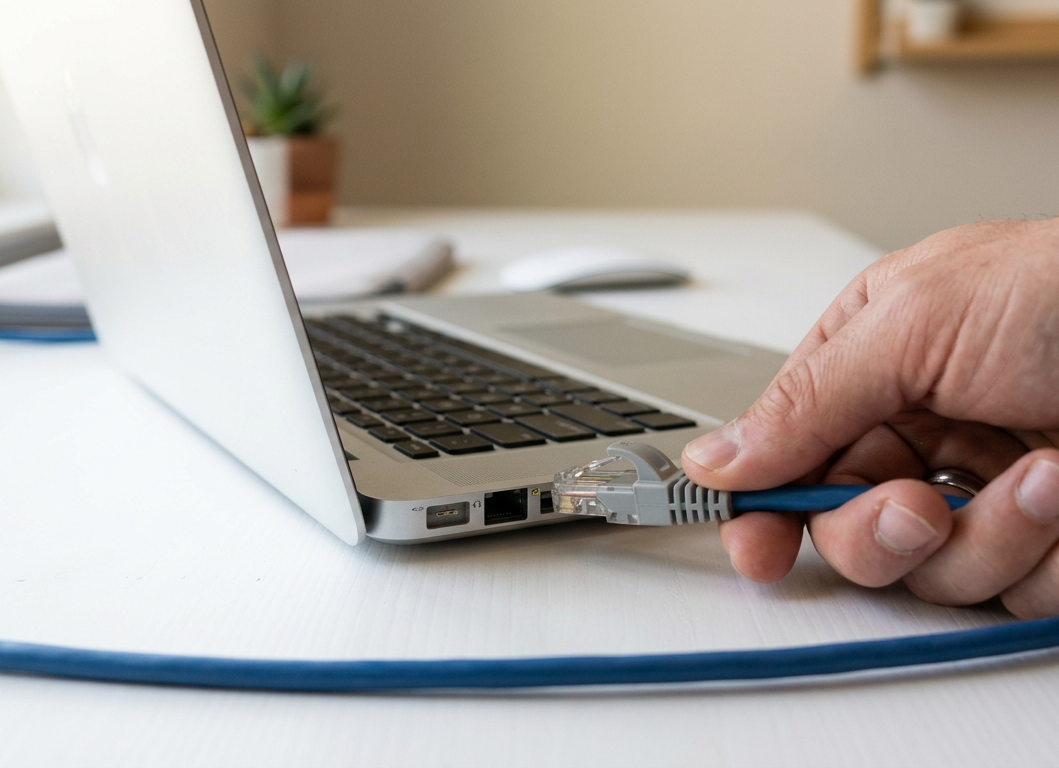 Internet solutions Ethernet cable plugged into laptop for wired connection Caloundra