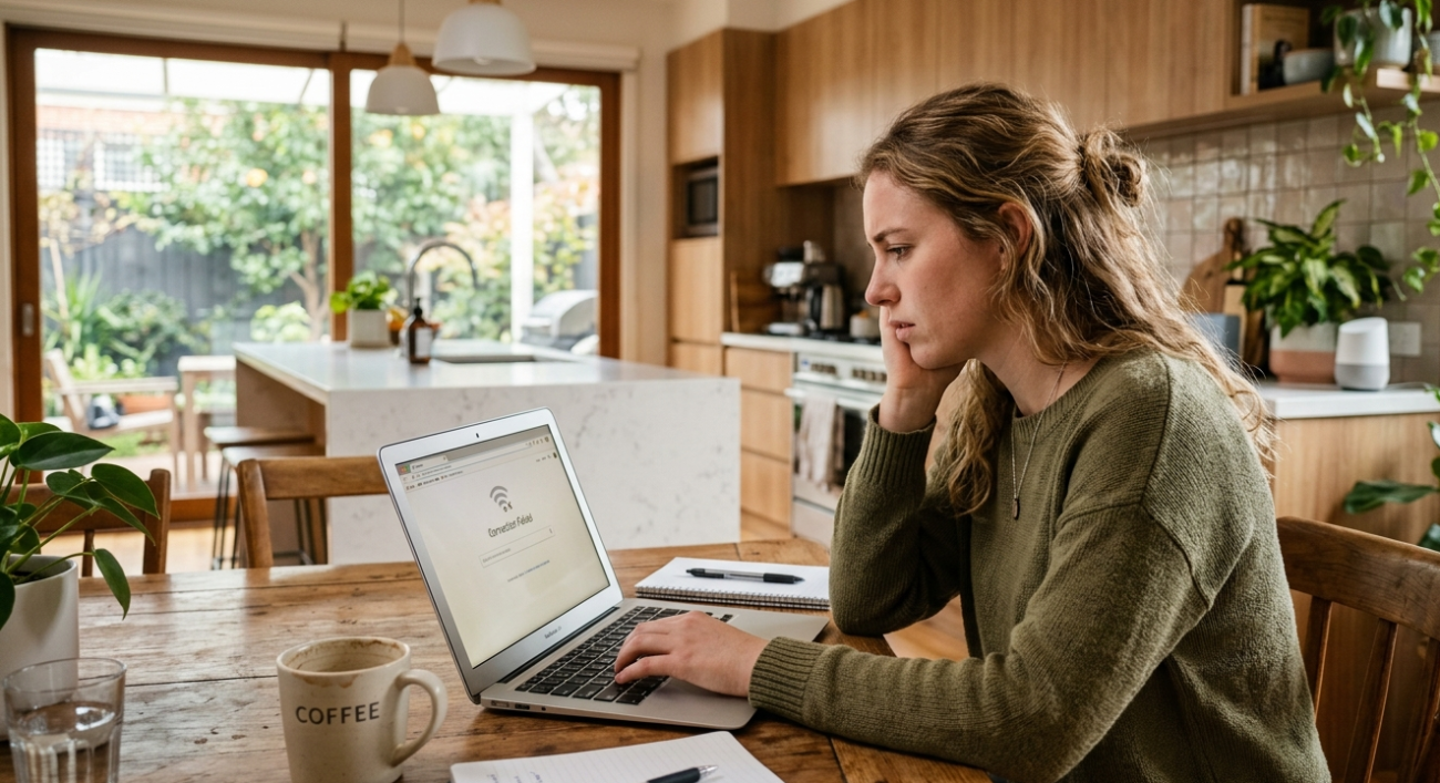 Weak Wi-Fi signal frustrating Australian woman at home Maroochydore