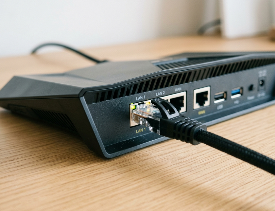 Ethernet cable connected to router for reliable home internet Coolum