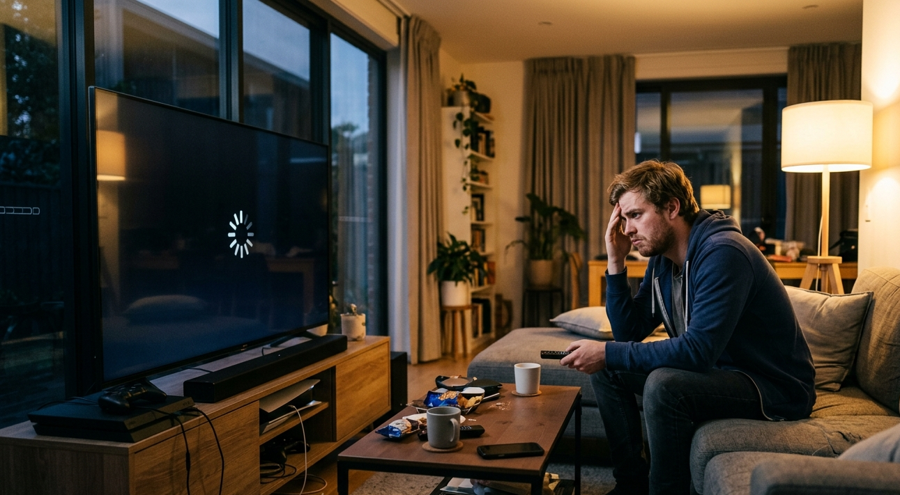 Streaming buffering issues frustrated man watching spinning buffer screen Sunshine Coast