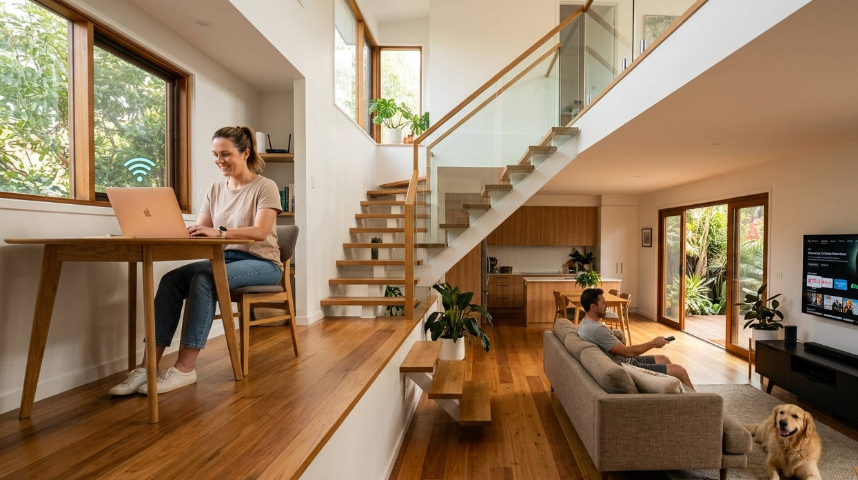 Wi-Fi coverage multi-storey home Kawana Waters family connected on both floors, Brocky's Internet