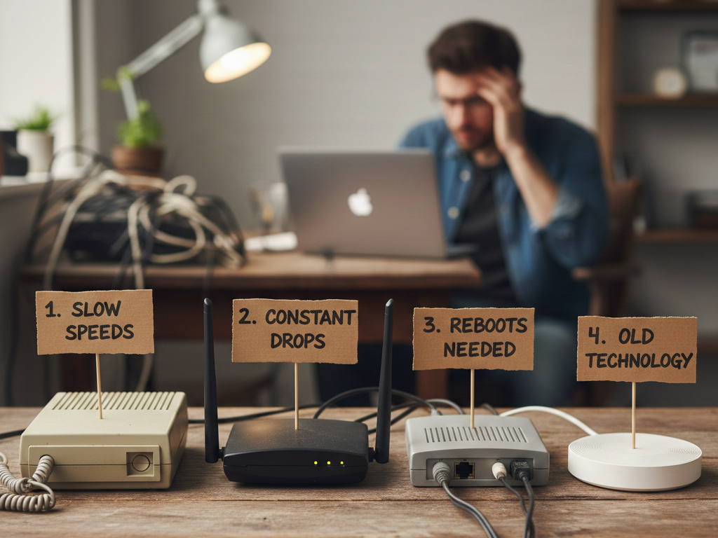 Technician checking an old WiFi router for performance issues before replacement.