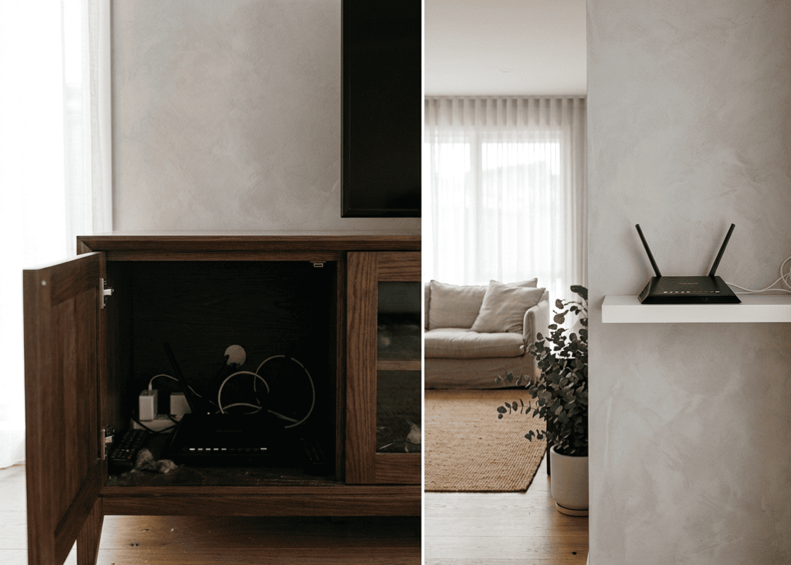 Router placement wrong vs correct position floor cabinet vs open shelf Sunshine Coast home