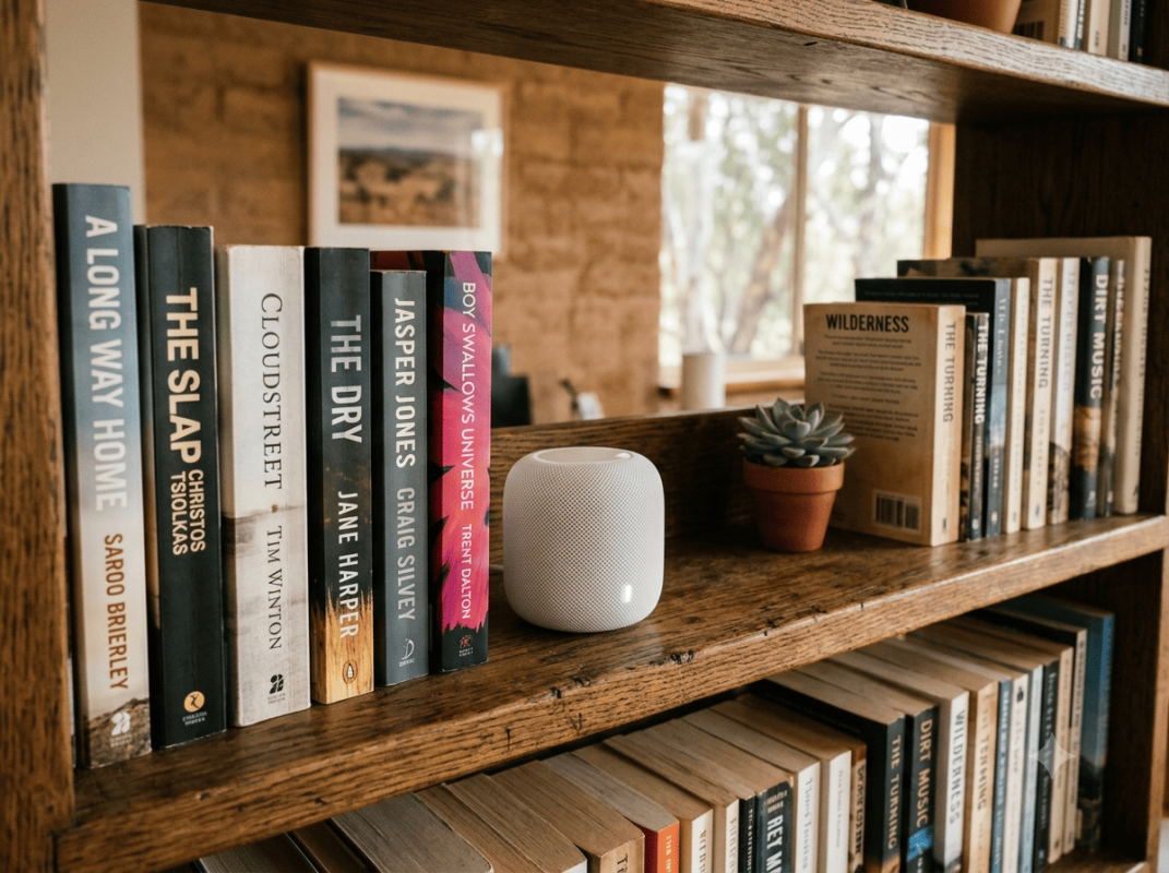 Mesh Wi-Fi node placed on bookshelf Sunshine Coast home coverage