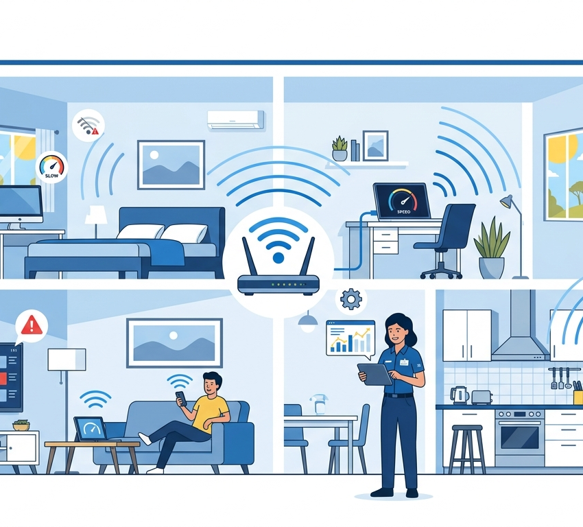 Wi-Fi troubleshooting process showing router, devices, and network diagnostics.