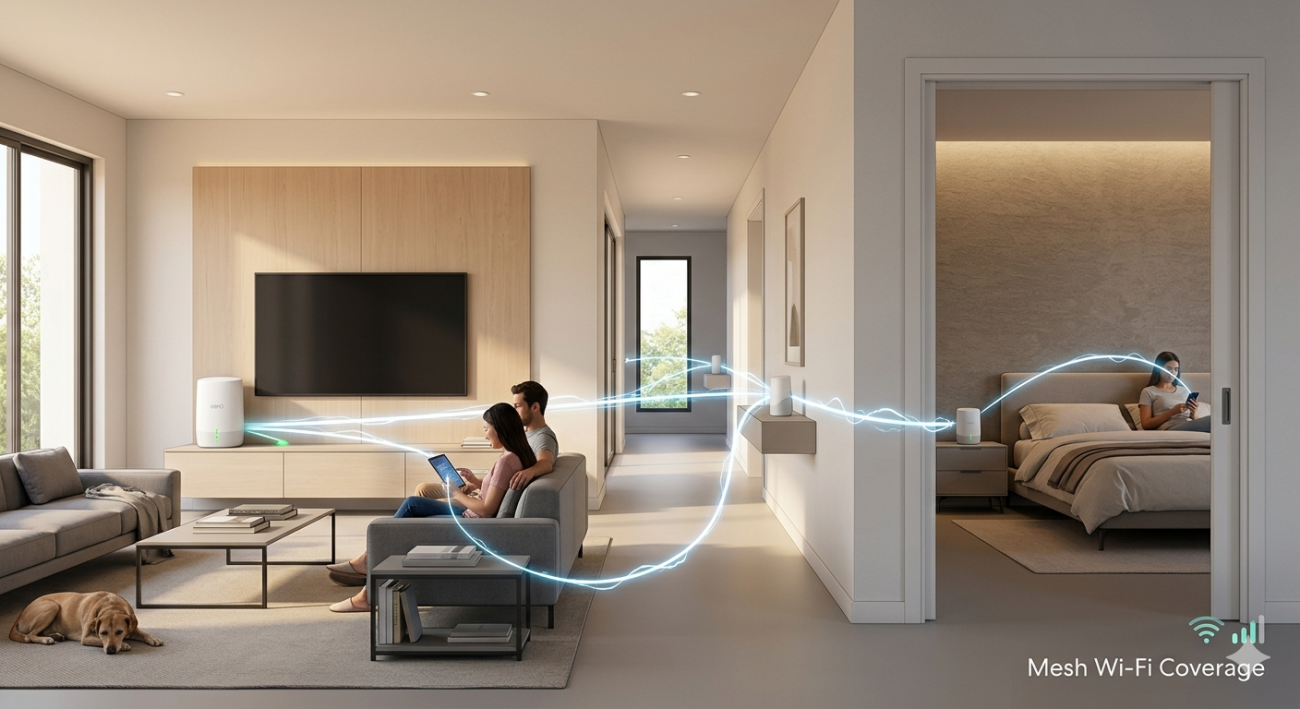 Strong Wi-Fi coverage across multi-room house using mesh network