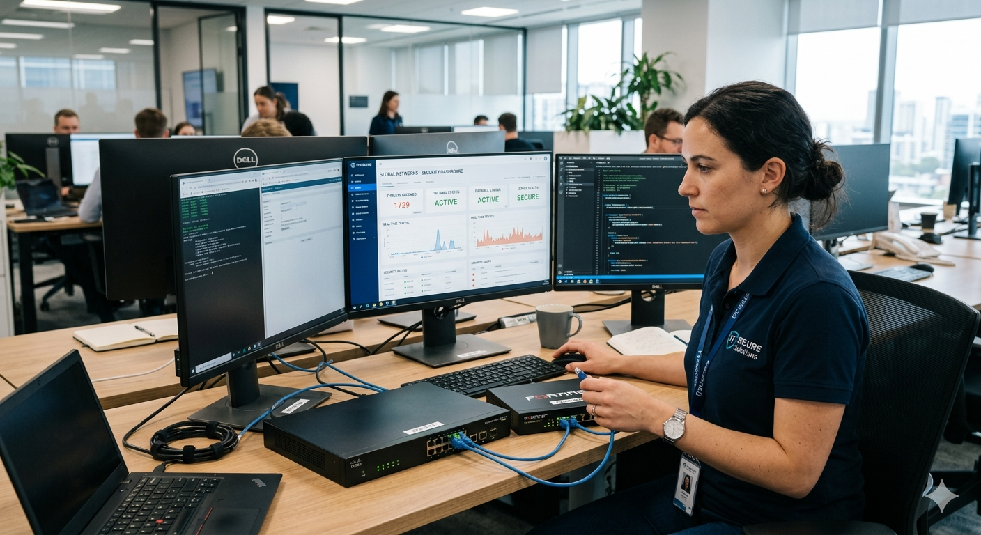Technician configuring secure business network firewall and Wi-Fi system in office environment