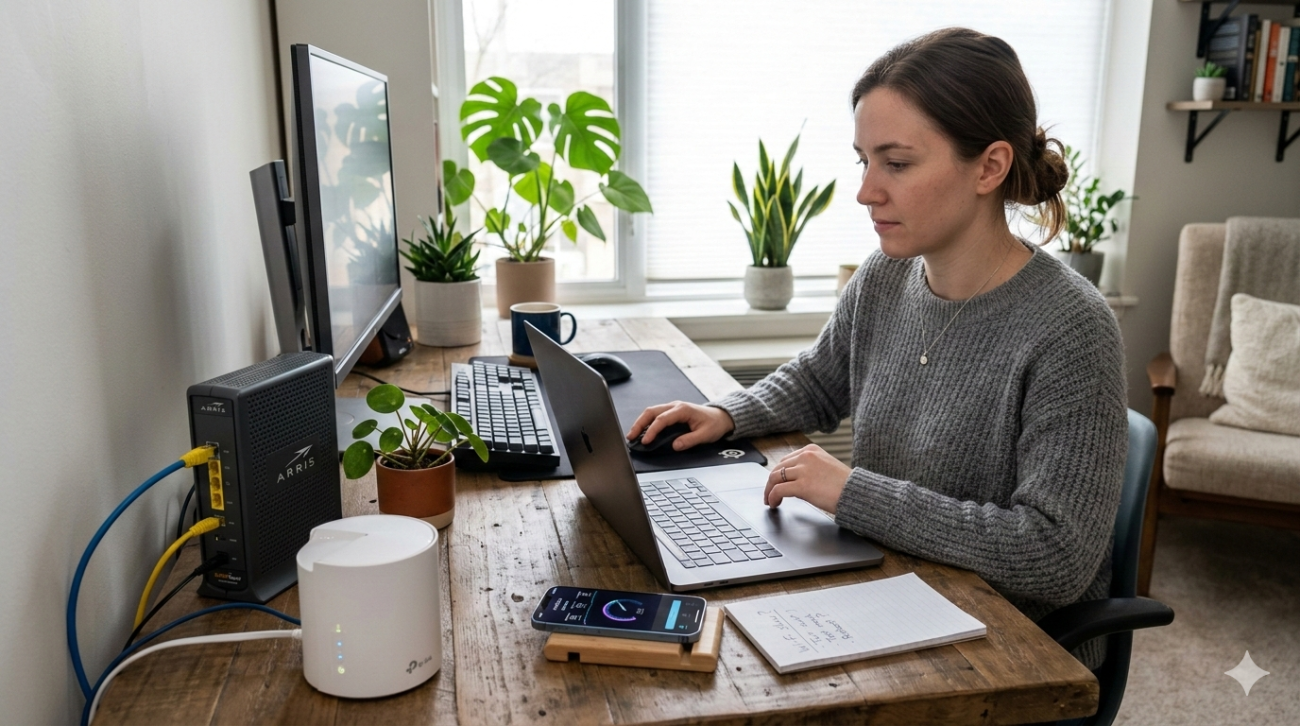 Technician diagnosing common Wi-Fi problems and checking router signal