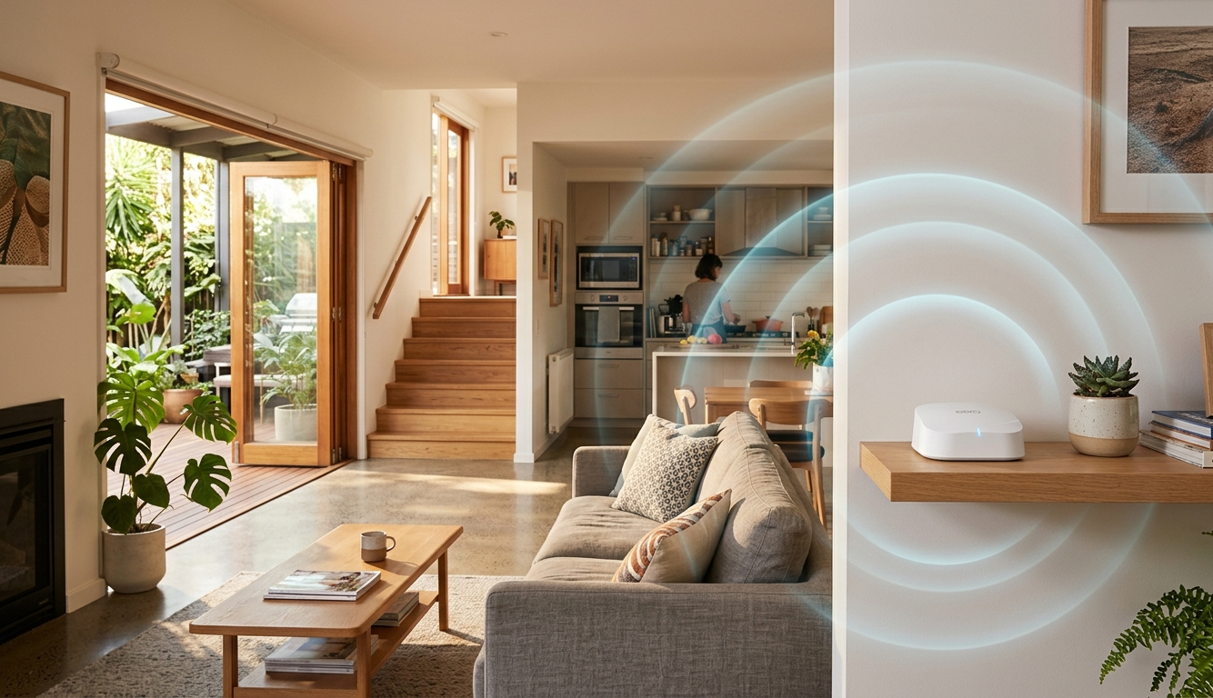 Improving WiFi Signal at home with smart router placement in a modern living room.