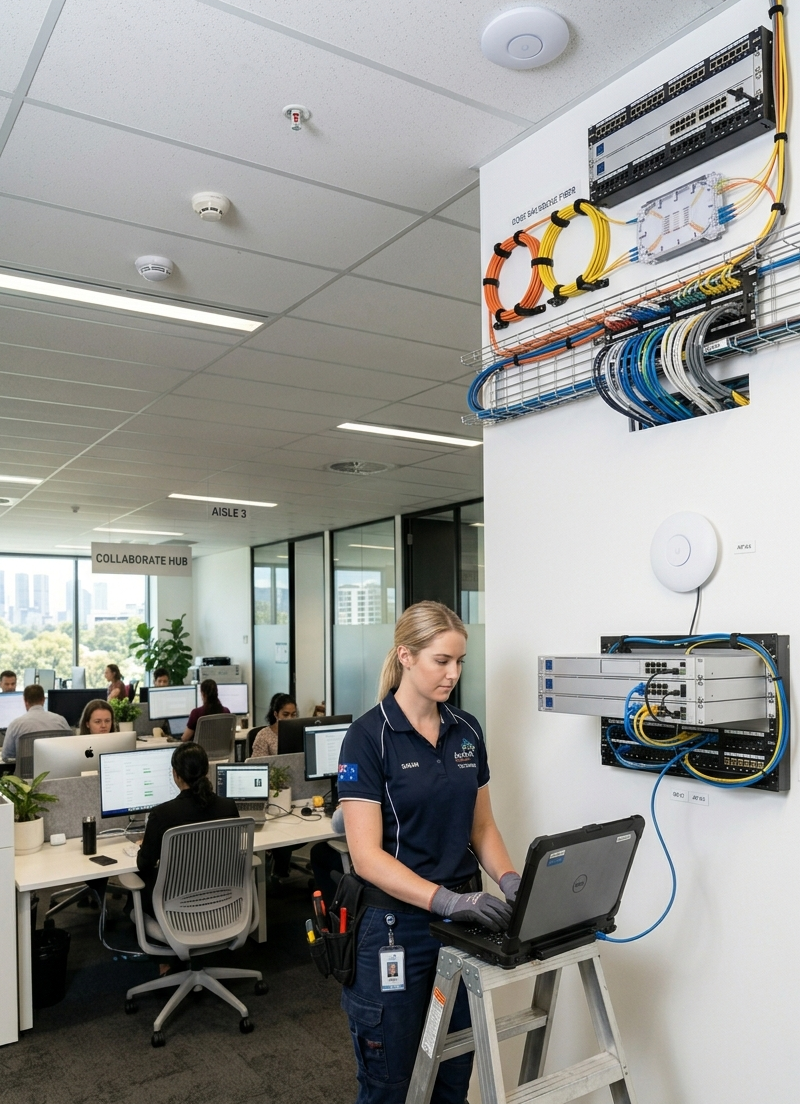 Technician installing business internet network on Sunshine Coast
