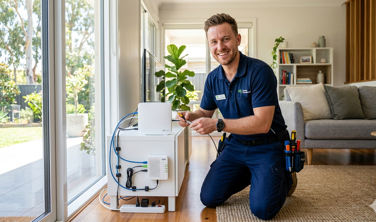 Internet repair technician setting up router in Sunshine Coast home