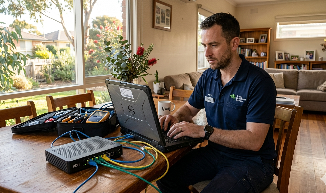 Local internet technician diagnosing connection fault Sunshine Coast
