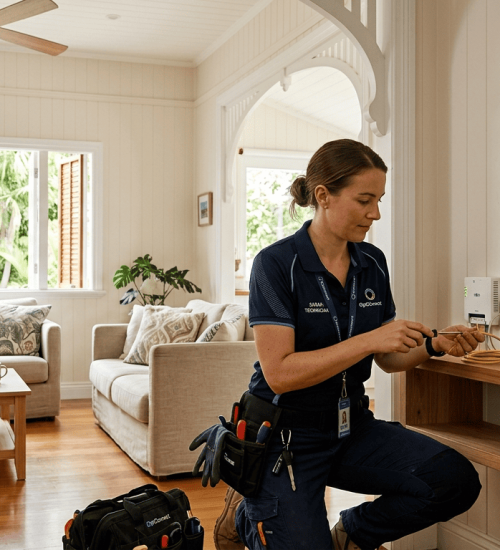 Wi-Fi installation technician setting up router in Buderim home