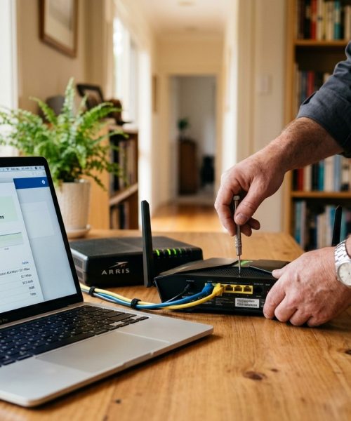Wi-Fi Troubleshooting technician checking router and modem
