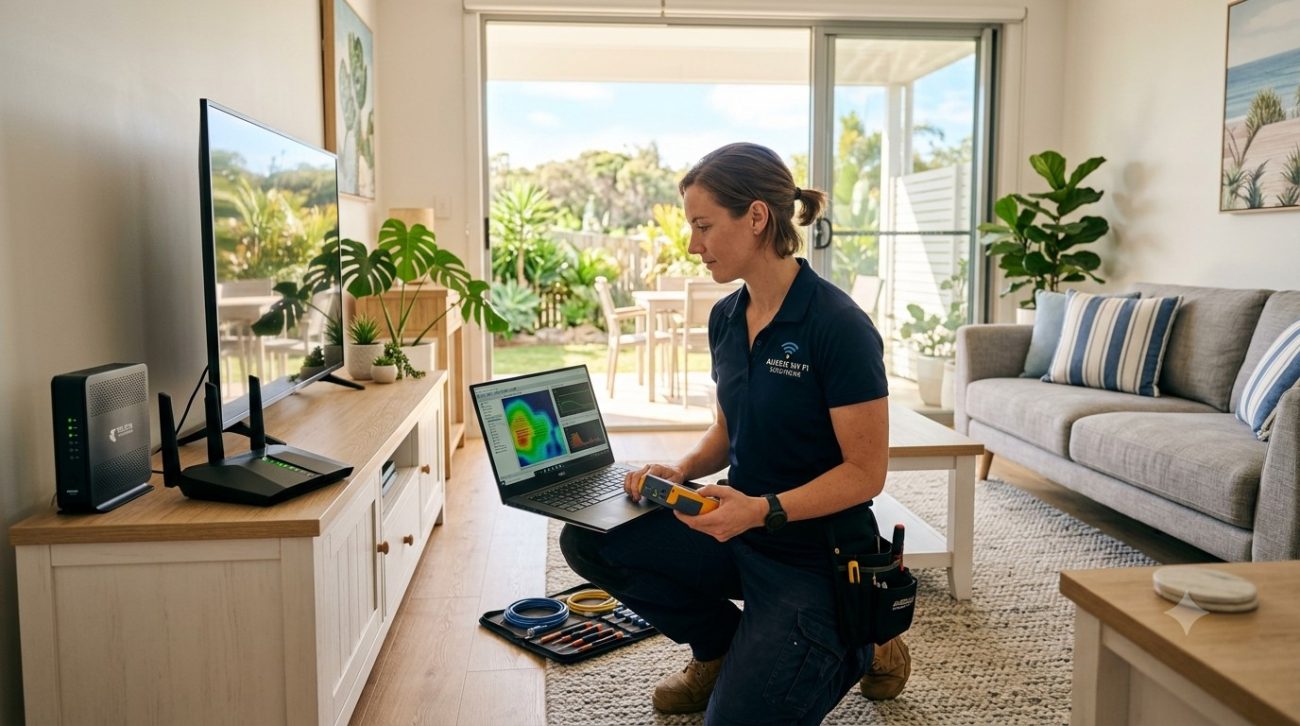 Wi-Fi troubleshooting technician checking home router Sunshine Coast