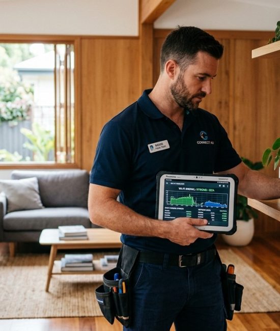 Wi-Fi Troubleshooting technician checking home Wi-Fi connection