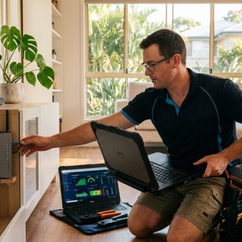 Wi-Fi Troubleshooting technician checking a home router