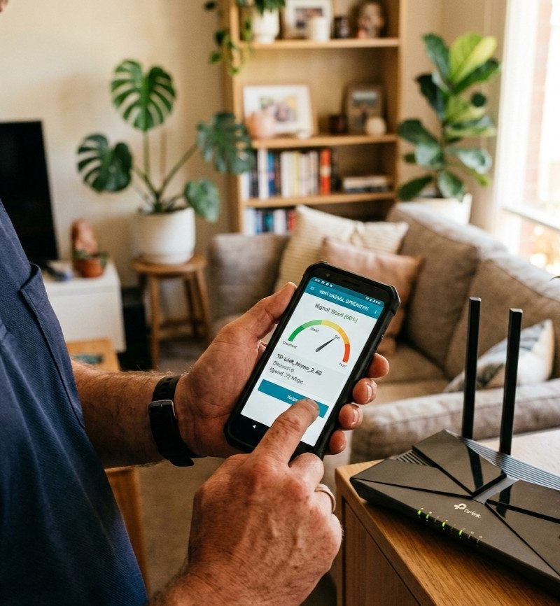 Technician testing WiFi signal strength in Nambour home