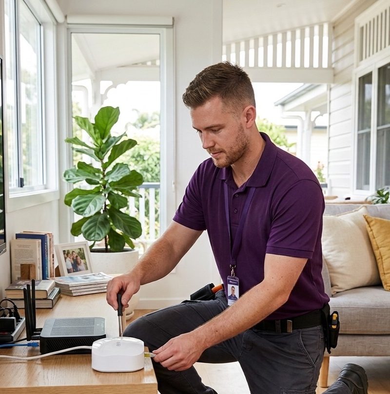 Internet repair technician setting up WiFi router in Nambour home