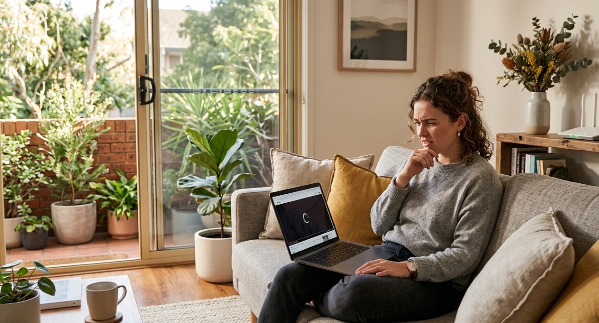 Frustrated Australian homeowner checking slow NBN speed on laptop